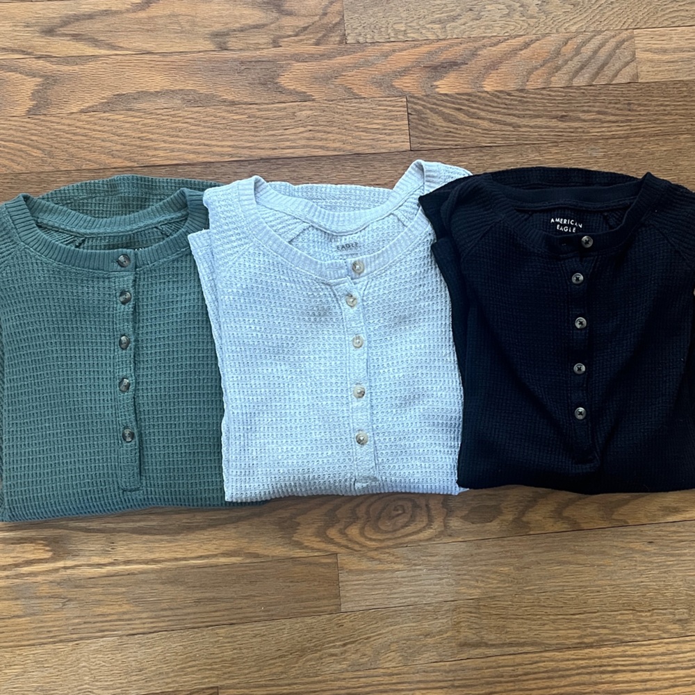 American Eagle Set of Three Henley Button Waffle Knit Tops